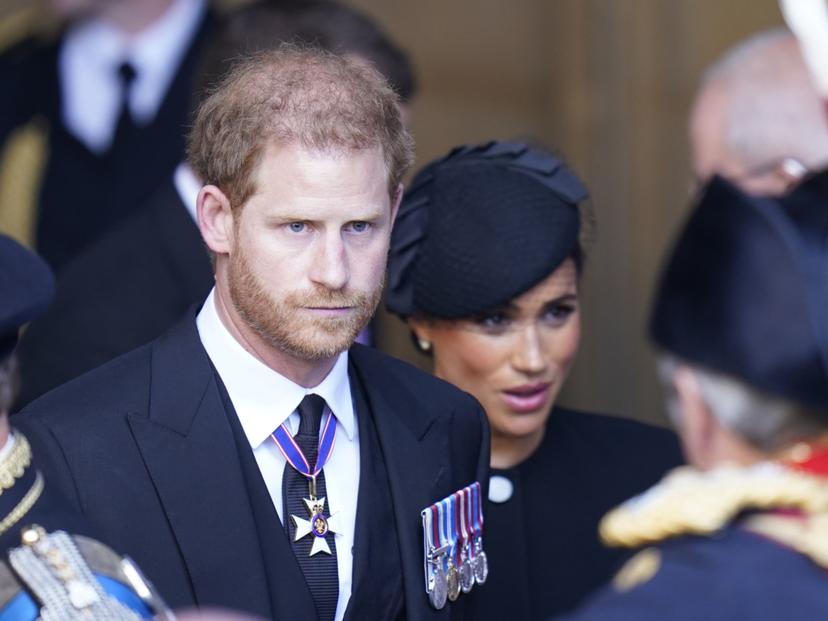 LONDON, ENGLAND - SEPTEMBER 14: Prince Harry and Meghan, Duchess of Sussex leave Westminster Hall, London after the coffin of Queen Elizabeth II was brought to the hall to lie in state ahead of her funeral on Monday on September 14, 2022 in London, England. Queen Elizabeth II's coffin is taken in procession on a Gun Carriage of The King's Troop Royal Horse Artillery from Buckingham Palace to Westminster Hall where she will lay in state until the early morning of her funeral. Queen Elizabeth II died at Balmoral Castle in Scotland on September 8, 2022, and is succeeded by her eldest son, King Charles III. (Photo Danny Lawson - WPA Pool/Getty Images)
